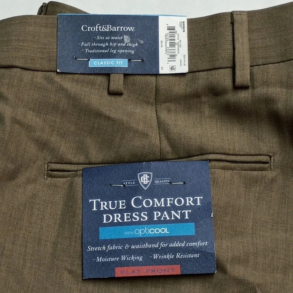 Croft and Barrow Dress Pants Men's 40x32 Tan Classic Fit Stretch Flat Front